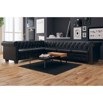 vidaXL Chesterfield kampinė šešiavietė sofa, dirbtinė oda, juoda