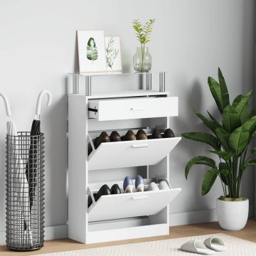 vidaXL Batų spintelė su stalčiumi ir stikline lentyna, balta, medinė