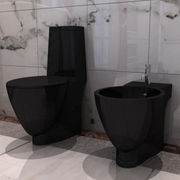 vidaXL Tualeto ir bidė komplektas, juodas, keramika