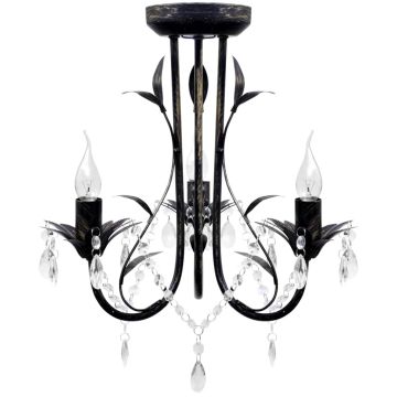 Art Nouveau Juodo Metalo Sietynas su Krištolo Karoliukais, 3 x E14