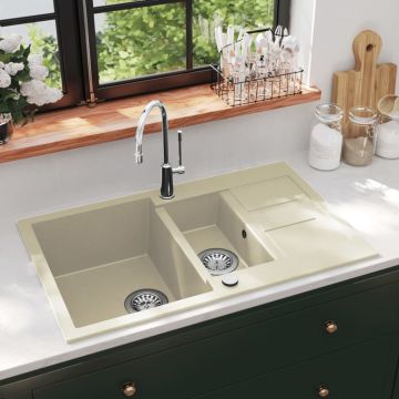 vidaXL Virtuvinė plautuvė, smėlio sp., granitas, du dubenys