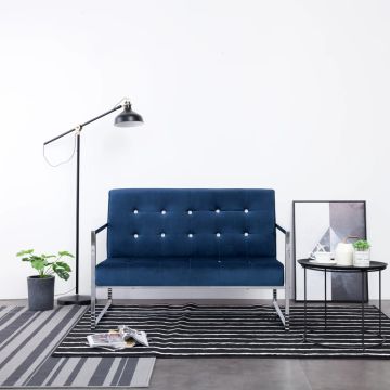 vidaXL Dvivietė sofa su porankiais, mėlynos sp., chromas ir aksomas