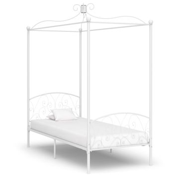 vidaXL Lovos rėmas su baldakimu, baltos spalvos, 90x200cm, metalas