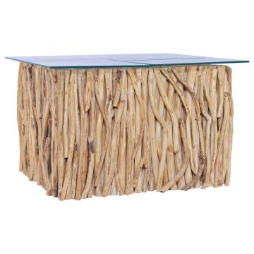 vidaXL Kavos staliukas su stikliniu stalviršiu, 66x66x40cm, tikmedis