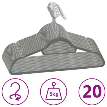 vidaXL Pakabų rinkinys, 20vnt., pilkos spalvos, neslystantis aksomas