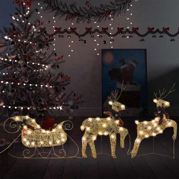 vidaXL Kalėdų dekoracija elniai ir rogės, auksinės spalvos, 60 LED