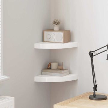 vidaXL Kampinės lentynos, 2 vnt., blizgios baltos, 25x25x3,8 cm, MDF