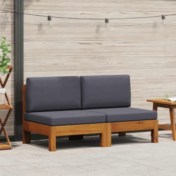 vidaXL Vidurinės sofos dalys su pilkomis pagalvėmis, 2vnt., akacija