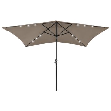 vidaXL Sodo skėtis nuo saulės su LED ir plieniniu stulpu, taupe, 2x3m