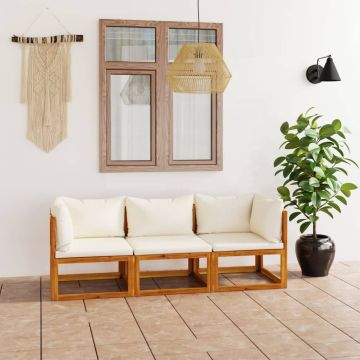 vidaXL Trivietė sodo sofa su pagalvėlėmis, kreminė, akacijos masyvas