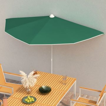 vidaXL Pusapvalis sodo skėtis su stulpu, žalios spalvos, 180x90cm