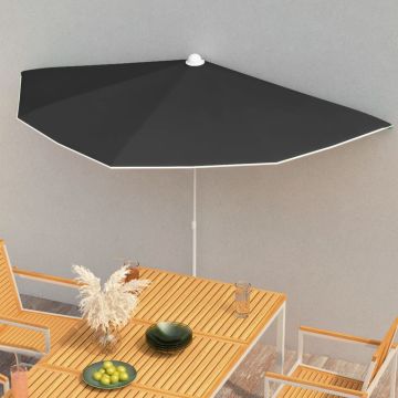 vidaXL Pusapvalis sodo skėtis su stulpu, juodos spalvos, 180x90cm