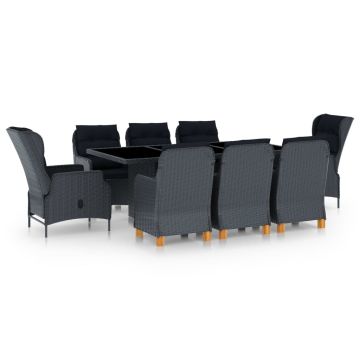 vidaXL Lauko komplektas su pagalvėmis, 9 dalių, pilkas, poliratanas