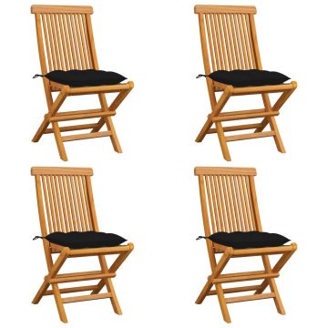 vidaXL Sodo kėdės su juodomis pagalvėlėmis, 4vnt., tikmedžio masyvas