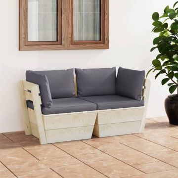 vidaXL Dvivietė sodo sofa iš palečių su pagalvėlėmis, eglės mediena
