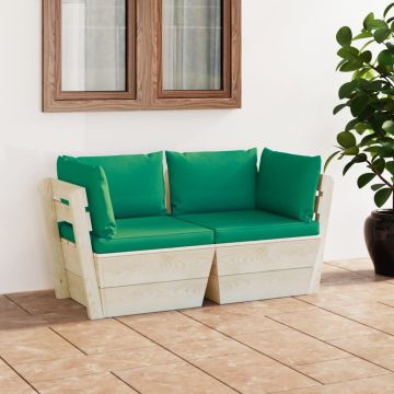 vidaXL Dvivietė sodo sofa iš palečių su pagalvėlėmis, eglės mediena