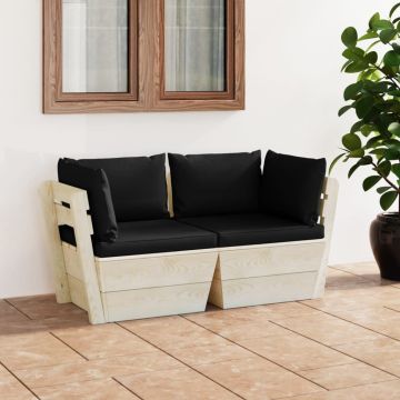 vidaXL Dvivietė sodo sofa iš palečių su pagalvėlėmis, eglės mediena