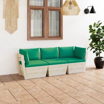 vidaXL Trivietė sodo sofa iš palečių su pagalvėlėmis, eglės mediena