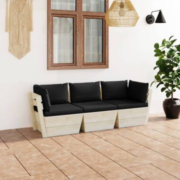 vidaXL Trivietė sodo sofa iš palečių su pagalvėlėmis, eglės mediena