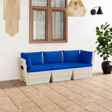 vidaXL Trivietė sodo sofa iš palečių su pagalvėlėmis, eglės mediena