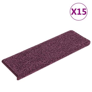 vidaXL Laiptų kilimėliai, 15 vnt., 65x21x4 cm, tamsiai violetiniai, stačiakampiai kraštai