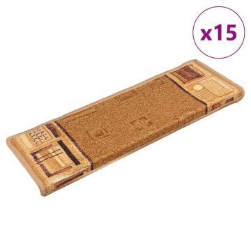vidaXL Lipnūs laiptų kilimėliai, 15vnt., smėlio spalvos, 65x21x4cm