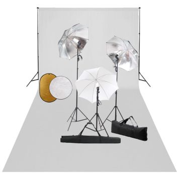 vidaXL Studijos komplektas su šviestuvais/skėčiais/fonu/reflektoriumi