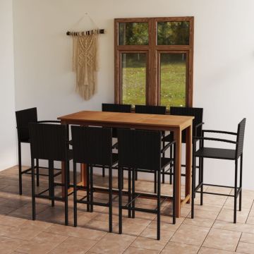 vidaXL Sodo baro baldų komplektas, 9 dalių, juodas (246665+2x313455)