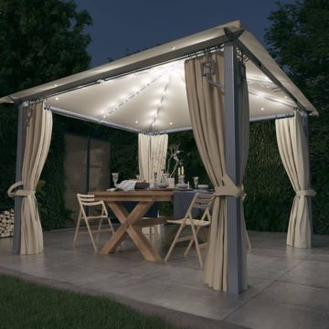 vidaXL Pavėsinė su užuolaidomis ir lemputėmis LED, kreminė, 300x300cm