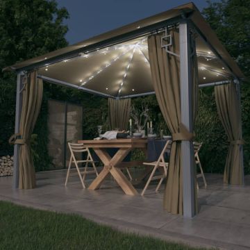 vidaXL Pavėsinė su užuolaidomis ir lemputėmis LED, taupe, 300x300cm