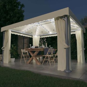 vidaXL Pavėsinė su lemputėmis ir užuolaidomis LED, kreminė balta, 4x3m