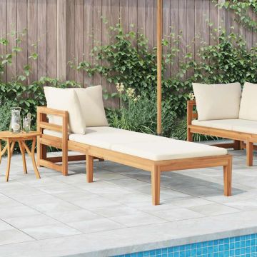 vidaXL Saulės gultas su 1 porankiu ir kreminėmis pagalvėlėmis, akacija