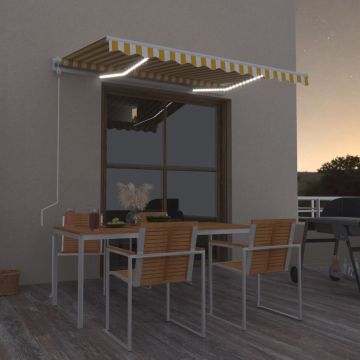 vidaXL Markizė su LED/vėjo jutikliu, geltona/balta, 350x250cm
