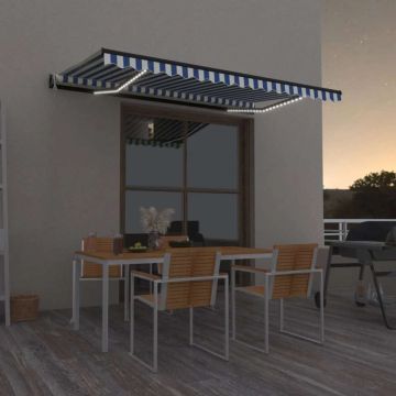 vidaXL Markizė su LED/vėjo jutikliu, mėlyna/balta, 450x300cm