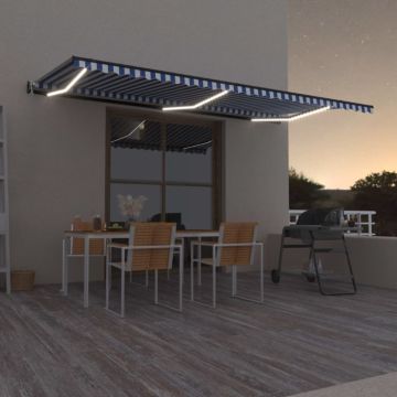 vidaXL Markizė su LED/vėjo jutikliu, mėlyna/balta, 600x300cm