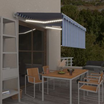 vidaXL Markizė su uždanga/LED/vėjo jutikliu, mėlyna/balta, 3,5x2,5m