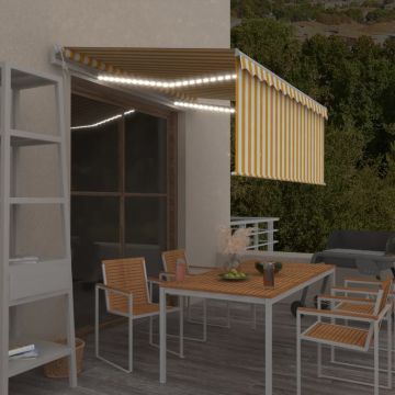 vidaXL Markizė su uždanga/LED/vėjo jutikliu, geltona/balta, 3,5x2,5m