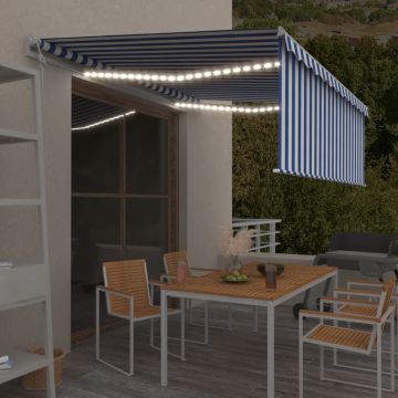 vidaXL Markizė su uždanga/LED/vėjo jutikliu, mėlyna/balta, 4x3m