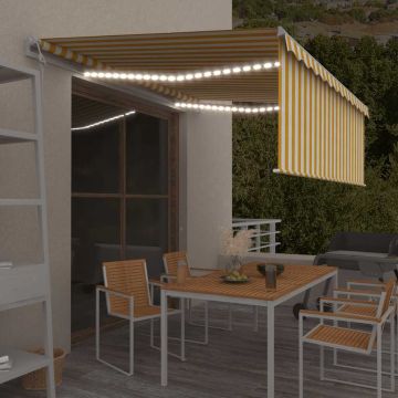 vidaXL Markizė su uždanga/LED/vėjo jutikliu, geltona/balta, 4x3m