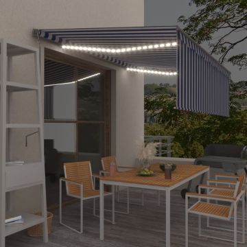 vidaXL Markizė su uždanga/LED/vėjo jutikliu, mėlyna/balta, 4,5x3m