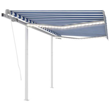 vidaXL Automatinė markizė su LED/vėjo jutikliu, mėlyna/balta, 3x2,5m