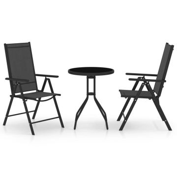 vidaXL Bistro komplektas, 3 dalių, juodas, aliuminis ir tekstilenas