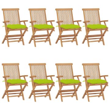 vidaXL Sodo kėdės su šviesiai žaliomis pagalvėlėmis, 8vnt., tikmedis