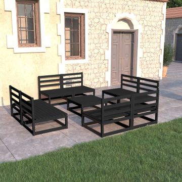 vidaXL Sodo poilsio baldų komplektas, 9 dalių, juodas, pušies masyvas