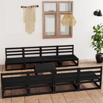 vidaXL Sodo poilsio baldų komplektas, 9 dalių, juodas, pušies masyvas