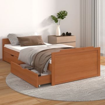 vidaXL Lovos rėmas su stalčiais, medaus rudas, 90x200cm, pušis