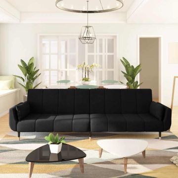 vidaXL Dvivietė sofa-lova su dvejomis pagalvėmis, juoda, aksomas