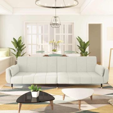 vidaXL Dvivietė sofa-lova su dvejomis pagalvėmis, kreminė, aksomas