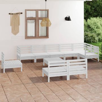vidaXL Sodo poilsio komplektas, 10 dalių, baltas, pušies masyvas