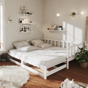 vidaXL Ištraukiama lova, balta, 2x(90x200)cm, pušies medienos masyvas